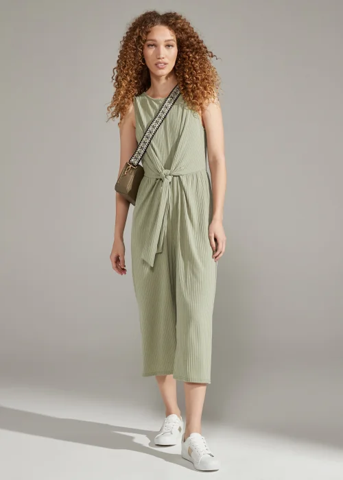 Khaki Tie Waist Ribbed Jumpsuit - 8 Image 4