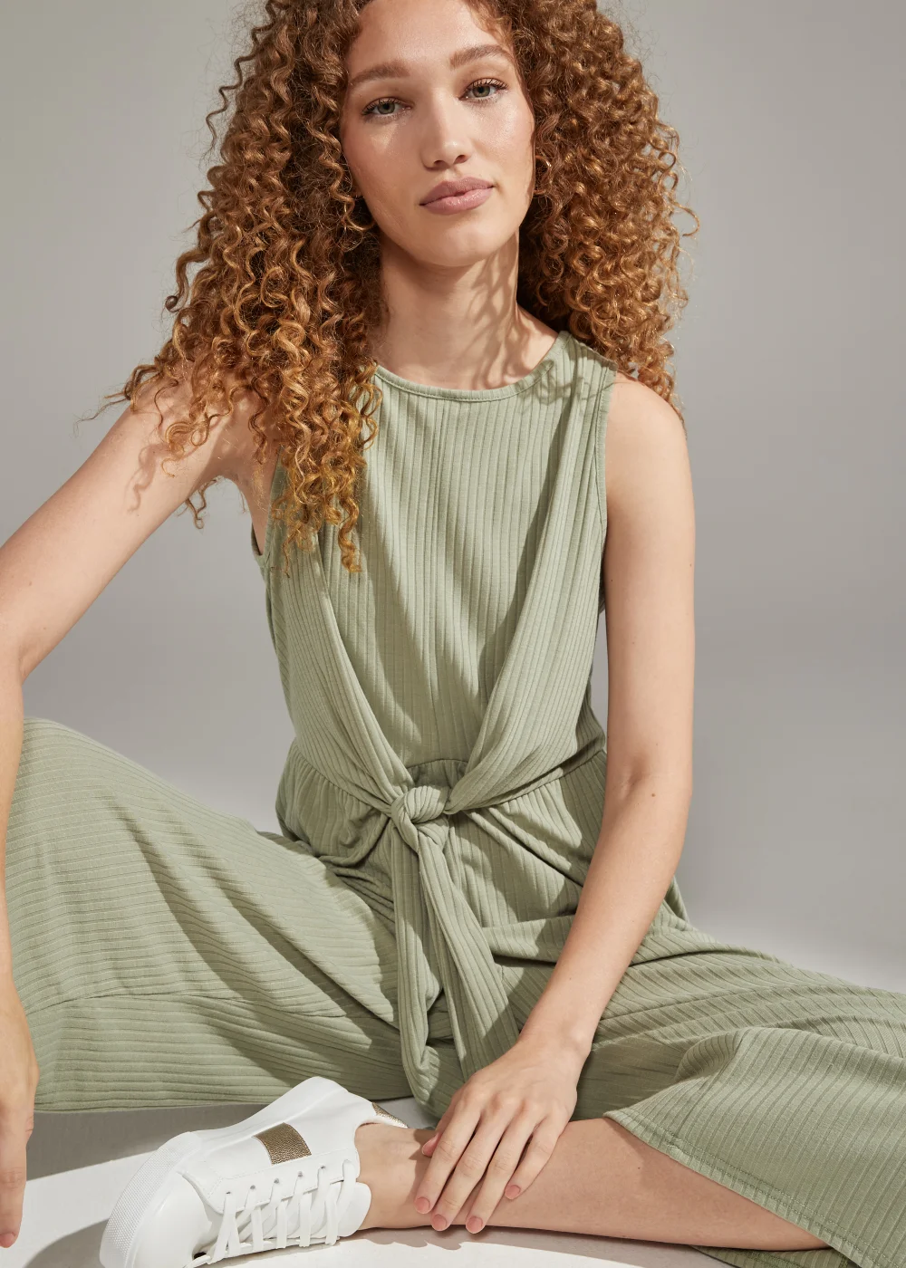 Khaki Tie Waist Ribbed Jumpsuit - 8 Image 3
