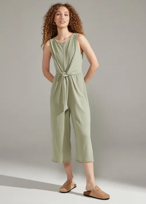 Khaki Tie Waist Ribbed Jumpsuit - 8 Image 1