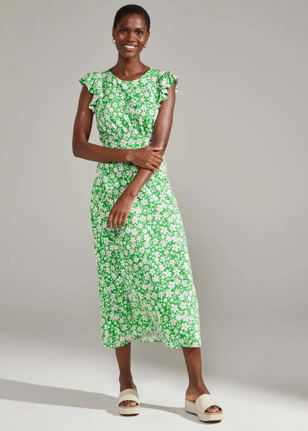 Green Floral Print Frill Sleeve Midi Dress - 8 | Matalan Green Floral Print Frill Sleeve Midi Dress - 8 | Matalan