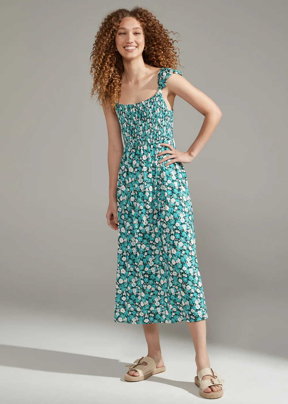 Turquoise Ditsy Floral Print Shirred Cami Dress - 8 Image 1