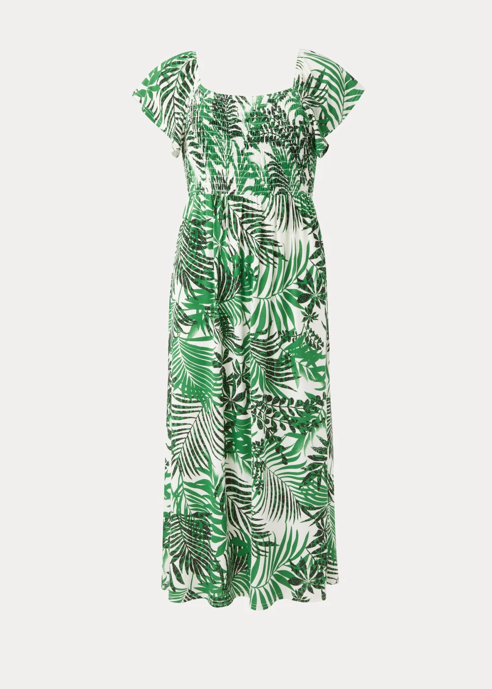 Green Leaf Print Shirred Midi Dress - 8 Green Leaf Print Shirred Midi Dress - 8