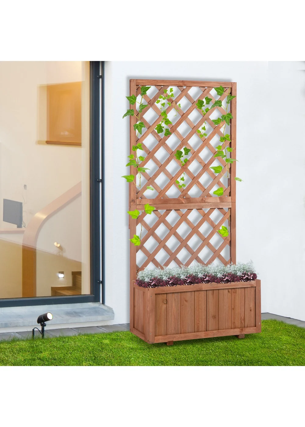 Outsunny Garden Wooden Pine Trough Planter with Topped Trellis (45L) - No Size Image 1