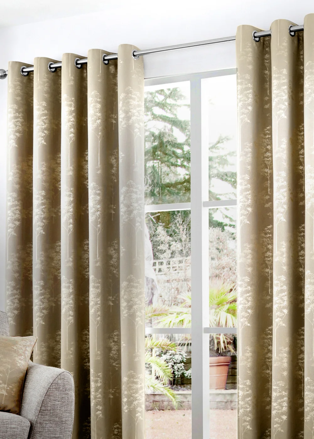 Curtina Elmwood Jacquard Stone Eyelet Curtains - 46W X 54D (116x137cm) Image 1