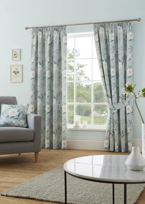 Dreams & Drapes Eve Blue Pencil Pleat Curtains With Tie-Backs - 46W X 54D (116x137cm) Image 1