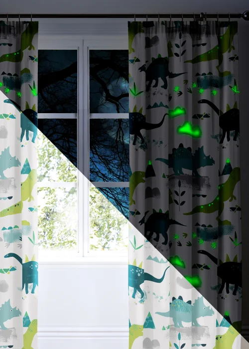 Bedlam Dino Glow in the Dark Multi Pencil Pleat Curtains - 66W X 72D (168x183cm) Image 2