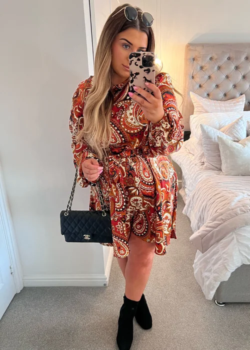 In the Style Danielle Orange Paisley Print Skater Dress - 8 Image 1