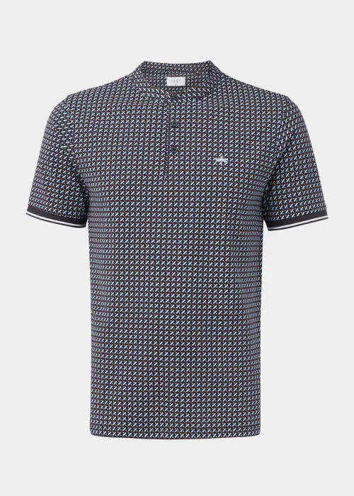 Black Print Grandad Collar Polo Shirt - S Image 5