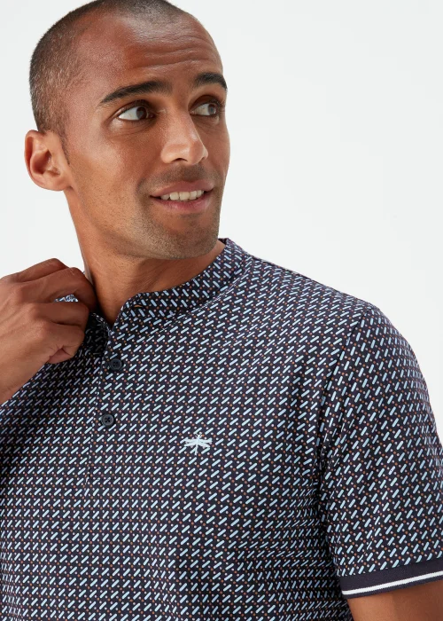 Black Print Grandad Collar Polo Shirt - S Image 3