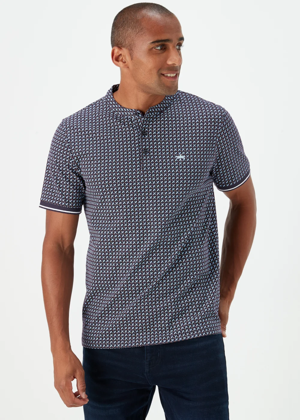 Black Print Grandad Collar Polo Shirt - S Image 1