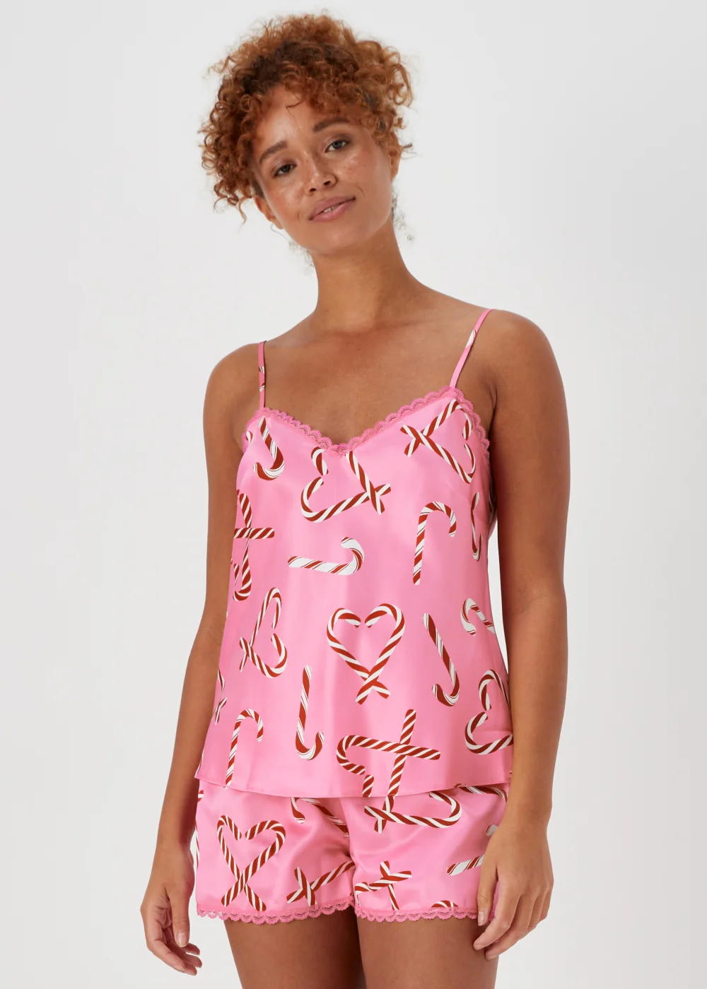Pink Christmas Candy Cane Satin Cami Pyjama Set - Size 8 Image 1