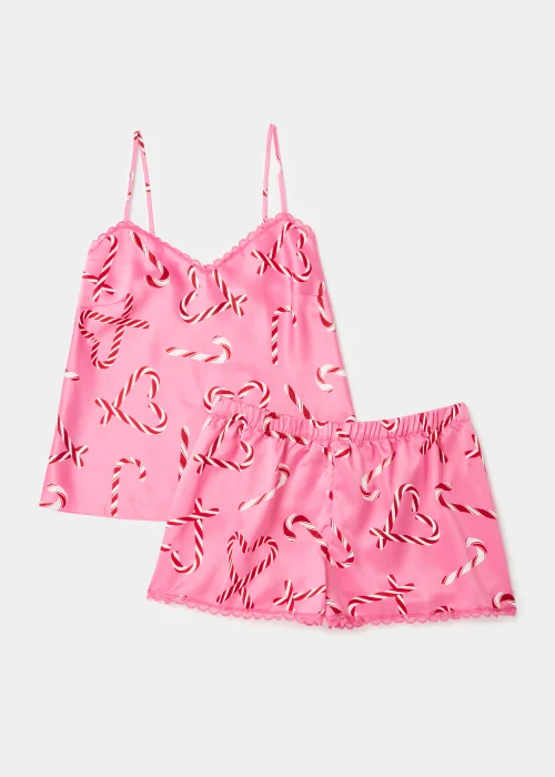 Pink Christmas Candy Cane Satin Cami Pyjama Set - Size 8 Image 4