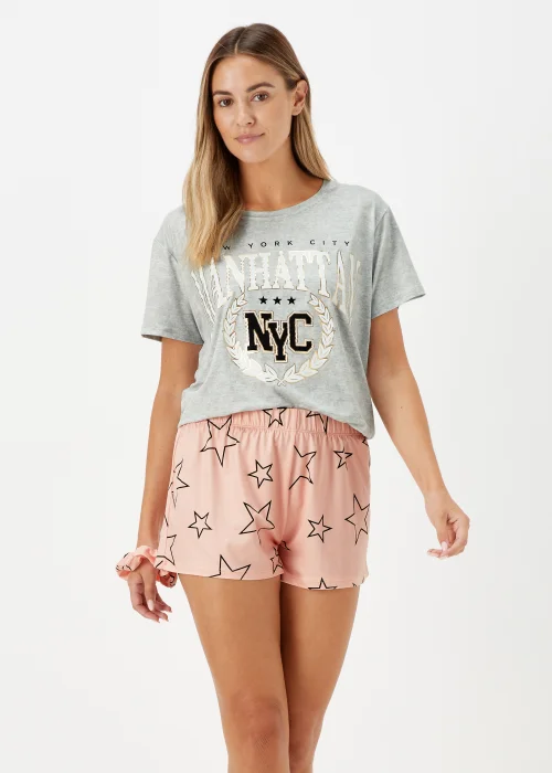 Grey & Pink Varity Print Short Pyjama & Scrunchie Set - Extra small Image 1