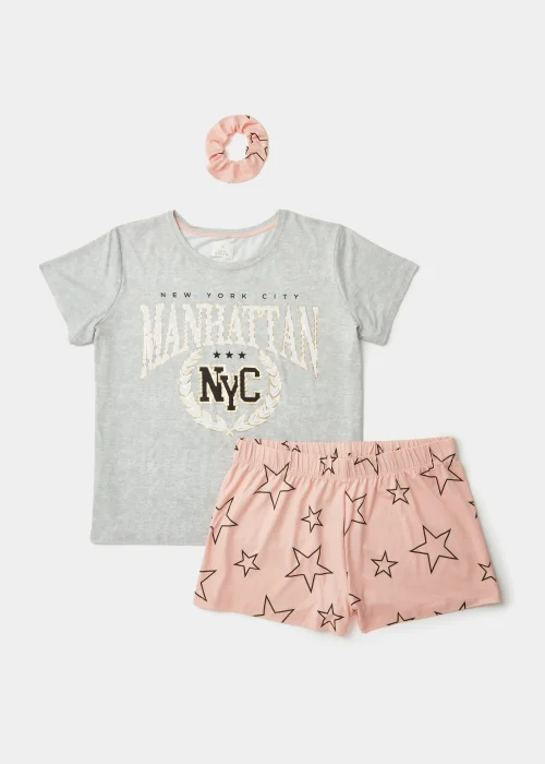 Grey & Pink Varity Print Short Pyjama & Scrunchie Set - Extra small Image 4