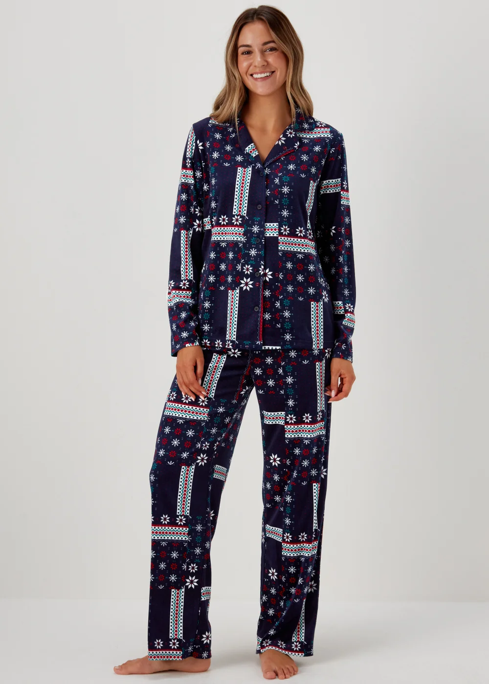 Navy Patchwork Slinky Pyjama Set - Extra small Image 1