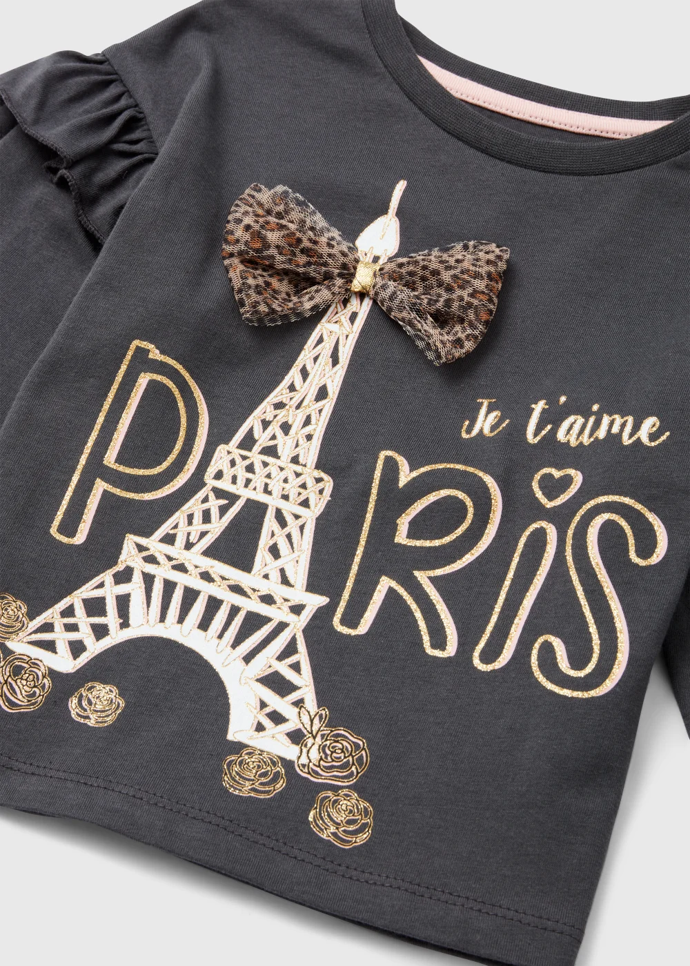 Girls Charcoal Paris Bow T-Shirt (9mths-6yrs) - Age 9 - 12 Months Image 2