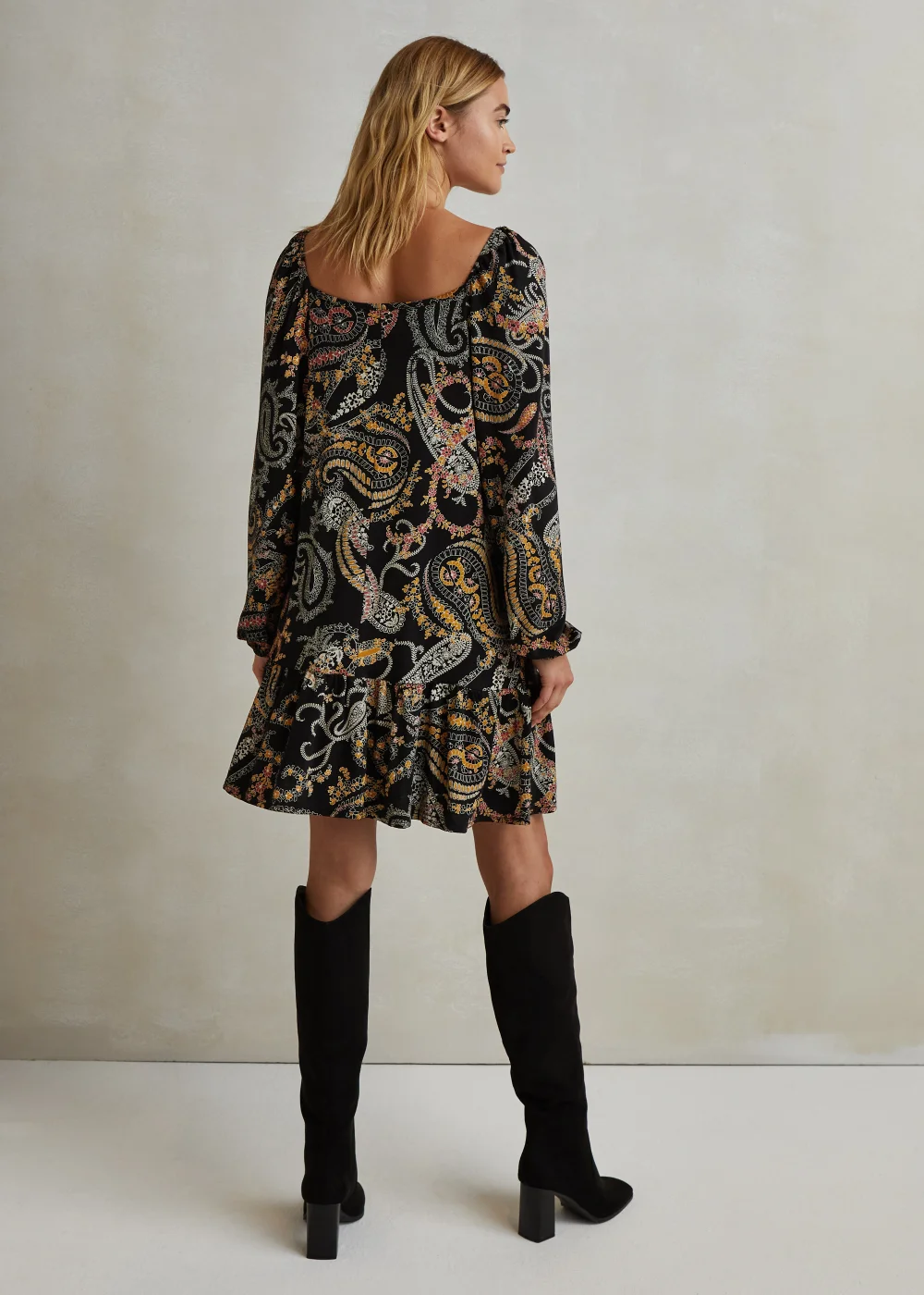 Black Paisley Square Neck Peplum Mini Dress - 8 Image 2