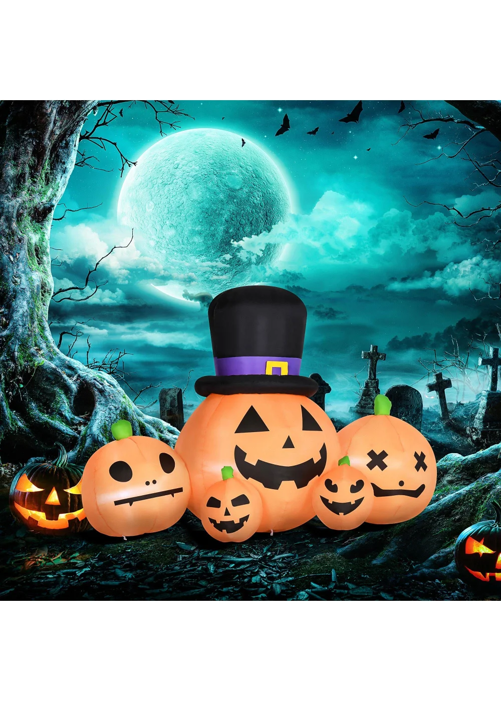 HOMCOM LED Inflatable Large Pumpkin in Hat with Four Small Pumpkins (185cm x 105cm x 120cm) - One Size Image 2