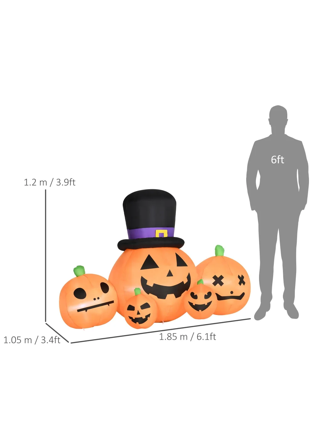 HOMCOM LED Inflatable Large Pumpkin in Hat with Four Small Pumpkins (185cm x 105cm x 120cm) - One Size Image 3