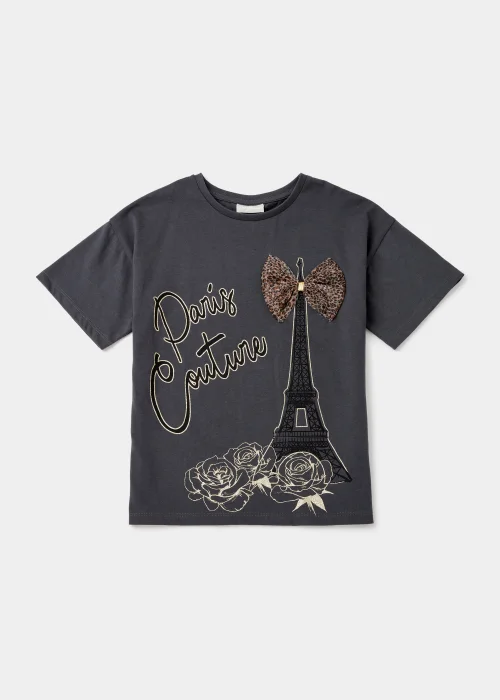 Girls Grey Paris Leopard Bow T-Shirt (4-13yrs) - Age 4 Years Image 1