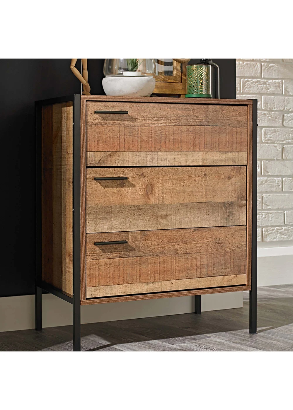 LPD Furniture Hoxton 3 Drawer Chest Distressed Oak Effect (800x400x638mm) - No Size Image 1
