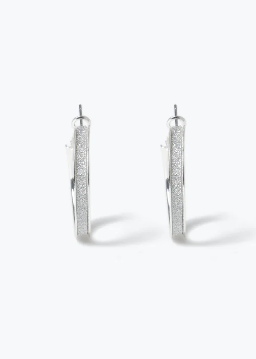 Silver Glitter Hoop Earrings - One Size Image 1
