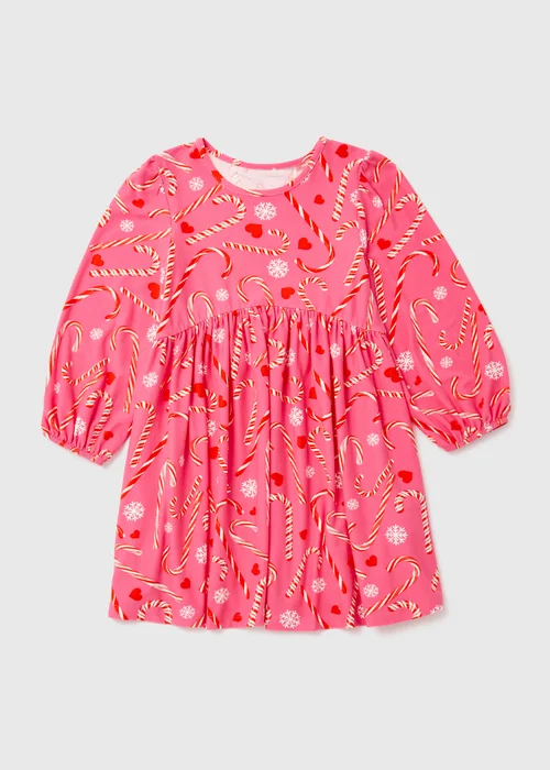 Girls Pink Christmas Candy Cane Print Soft Touch Dress (9mths-6yrs) - 9-12 months Image 1