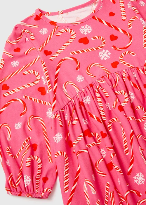 Girls Pink Christmas Candy Cane Print Soft Touch Dress (9mths-6yrs) - 9-12 months Image 2