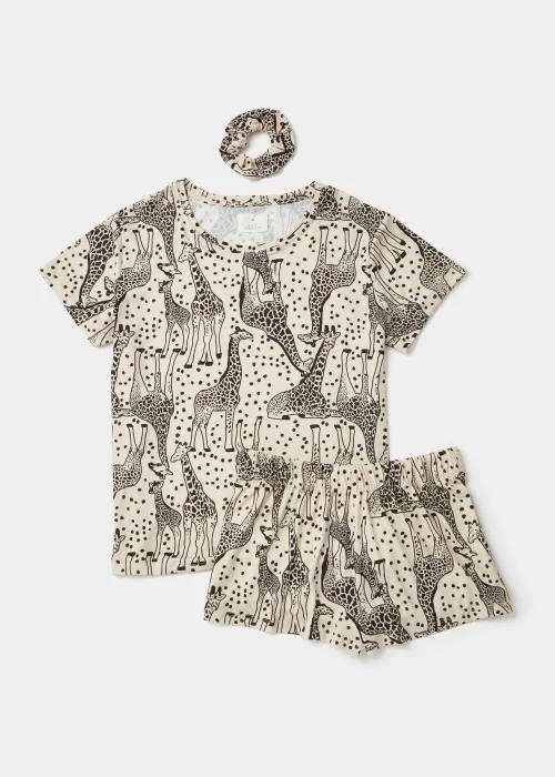 Oatmeal Giraffe Short Pyjama & Scrunchie Set - Extra small Image 4