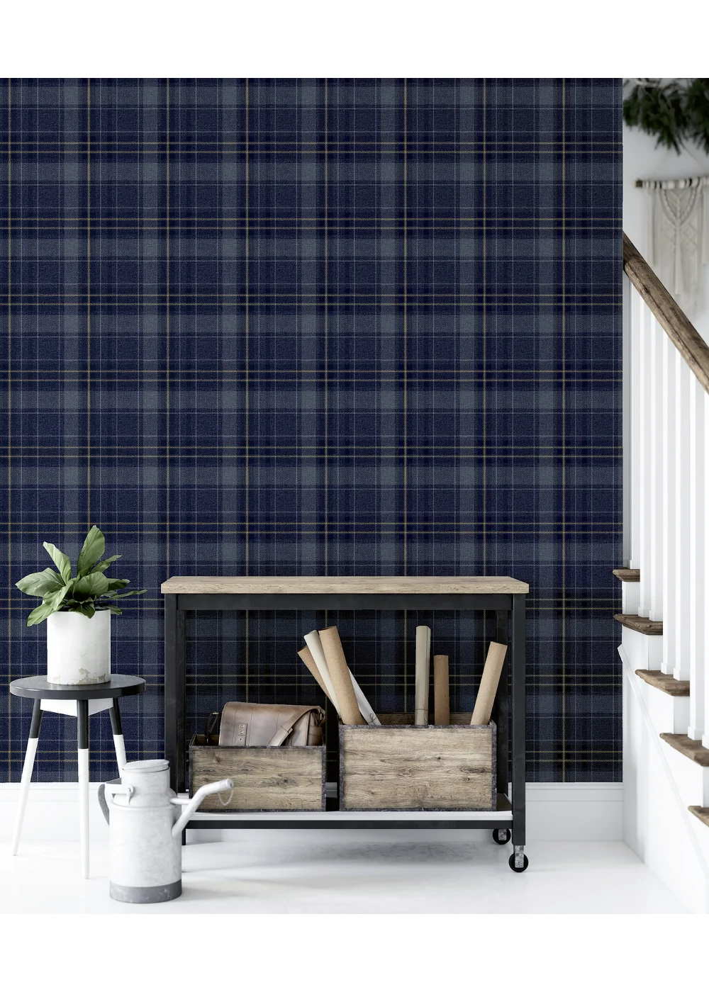 Arthouse Twilled Plaid Navy/Gold Wallpaper - One Size Image 2