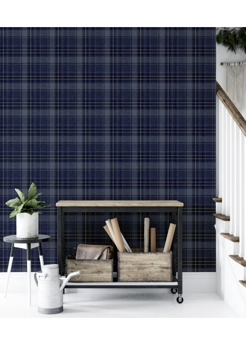Arthouse Twilled Plaid Navy/Gold Wallpaper - One Size Image 2