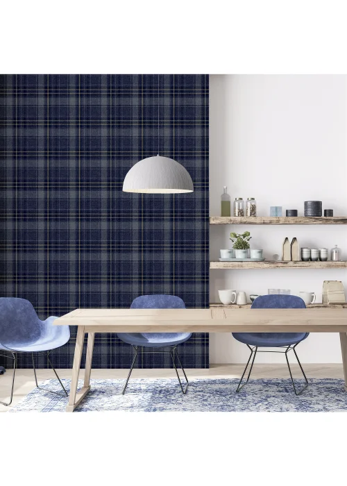 Arthouse Twilled Plaid Navy/Gold Wallpaper - One Size Image 3