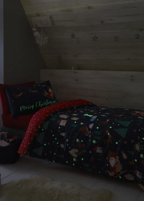 Catherine Lansfield Kids Bedding Santa's Christmas Wonderland Glow in the Dark Duvet Cover Set - Single Image 2