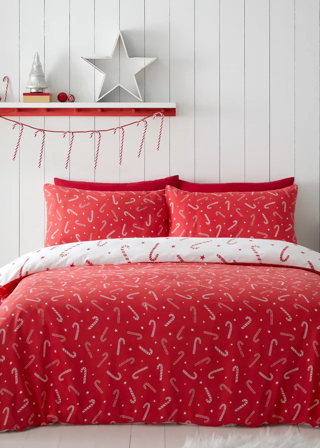Catherine Lansfield Christmas Candy Cane Reversible Duvet Cover Set