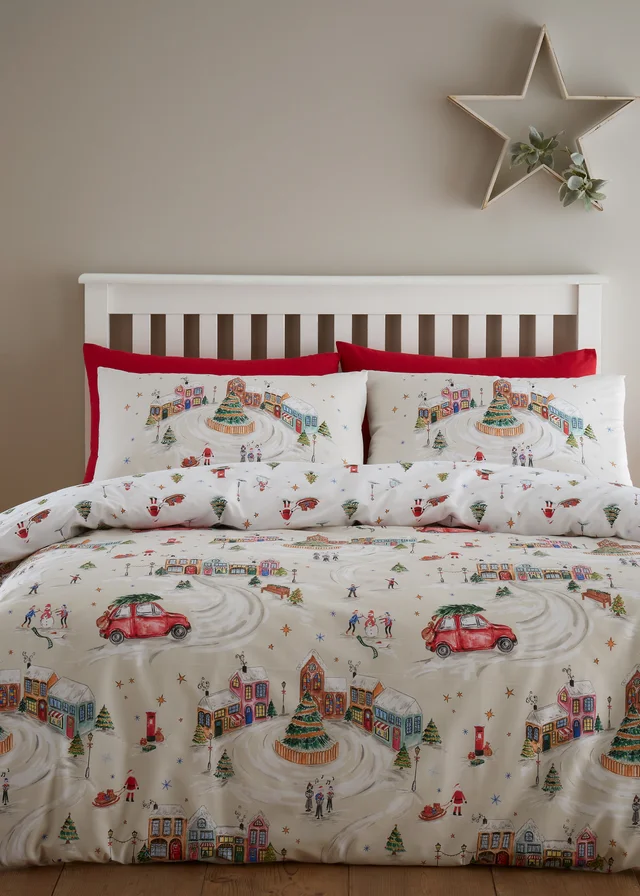 Catherine Lansfield Christmas Town Reversible Duvet Cover Set Neutral