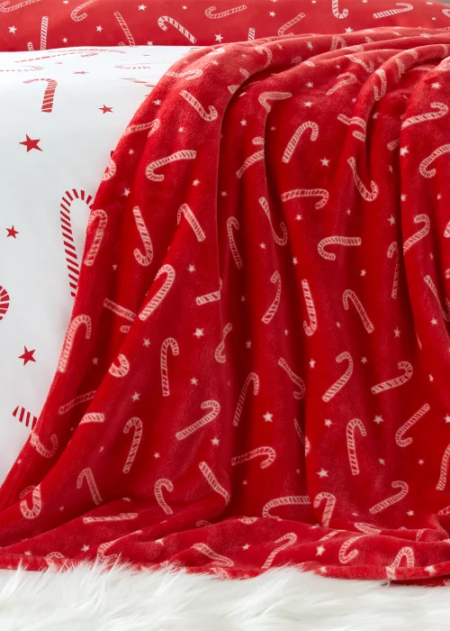Catherine Lansfield Christmas Candy Cane Fleece Blanket Throw - One Size Image 1