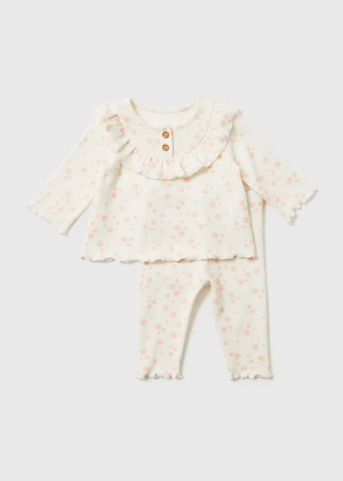 Girls Pink Flower Print Ribbed T-Shirt & Leggings Set (Newborn-23mths) - 0-3 months Image 1