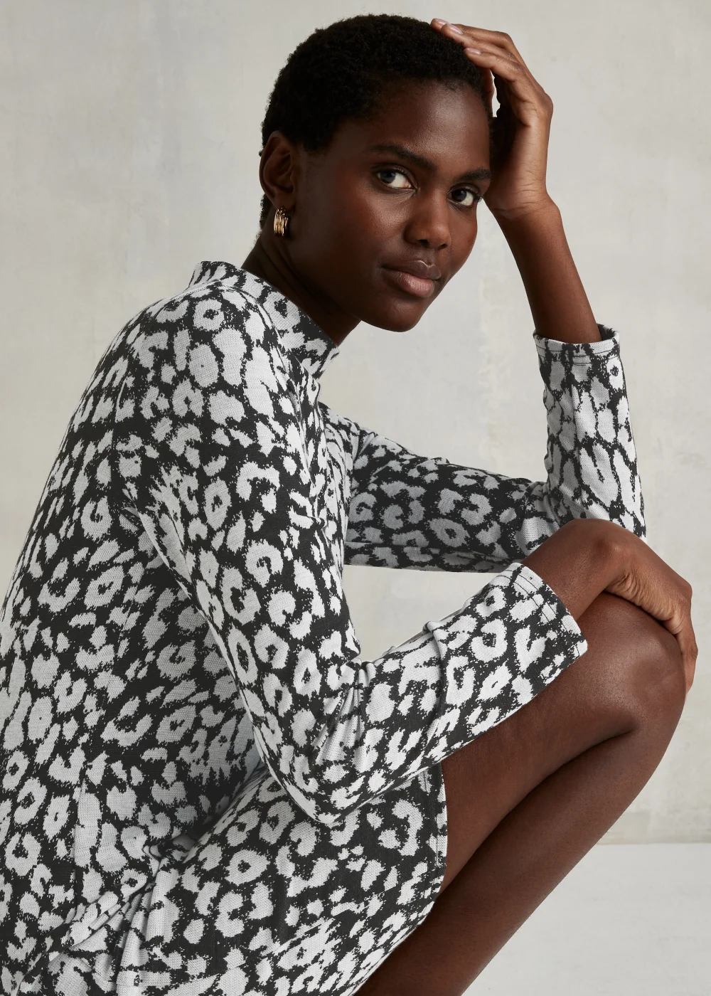 Monochrome Leopard Print High Neck Mini Dress - 8 Image 3