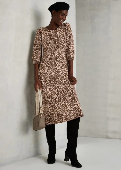 Brown Leopard Print 3/4 Sleeve Midi Dress - 8 Image 1
