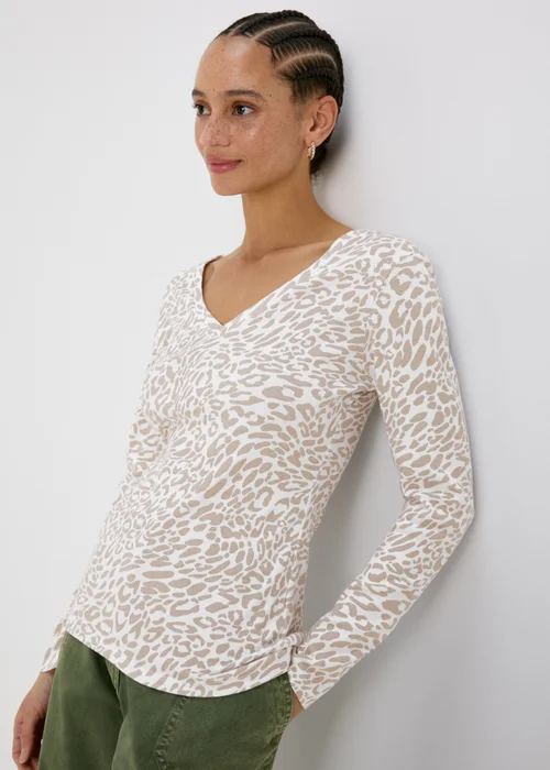 White Leopard V Neck Long Sleeve T Shirt - 8 Image 1