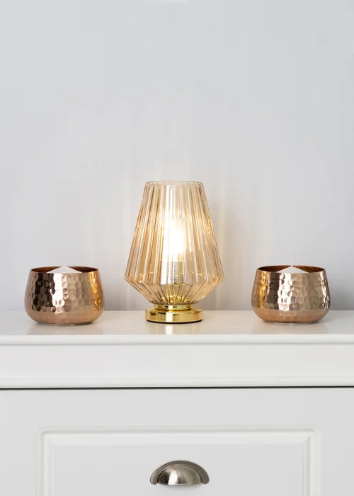 BHS Poplar Ribbed Glass Vessel Table Lamp Gold & Champagne (20cm x 15cm) - One Size Image 1