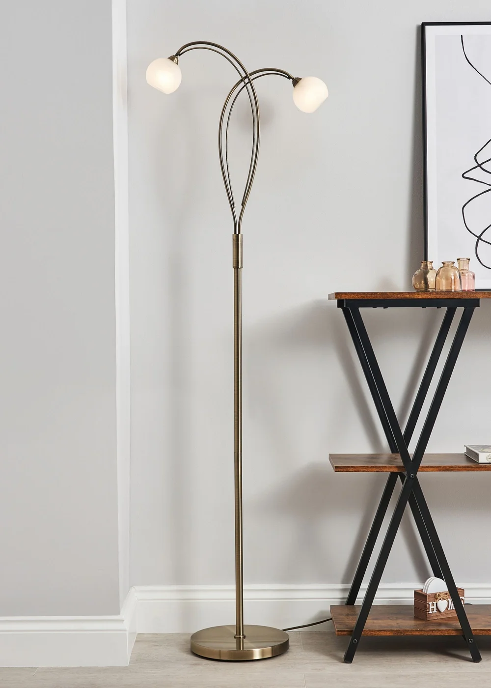 BHS Soni Floor Lamp 2 Light Antique Brass (149cm x 45cm) - One Size Image 1