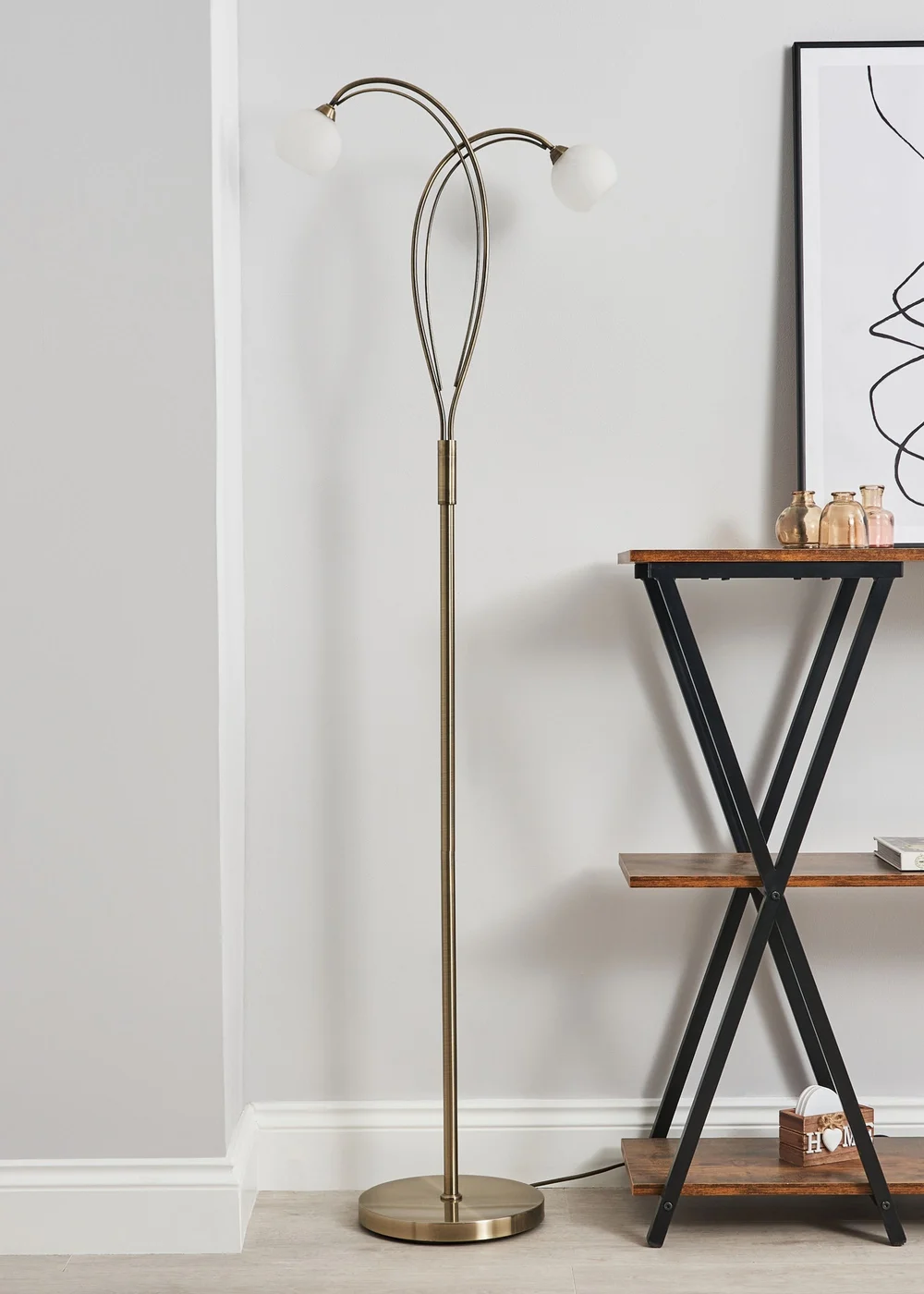 BHS Soni Floor Lamp 2 Light Antique Brass (149cm x 45cm) - One Size Image 2