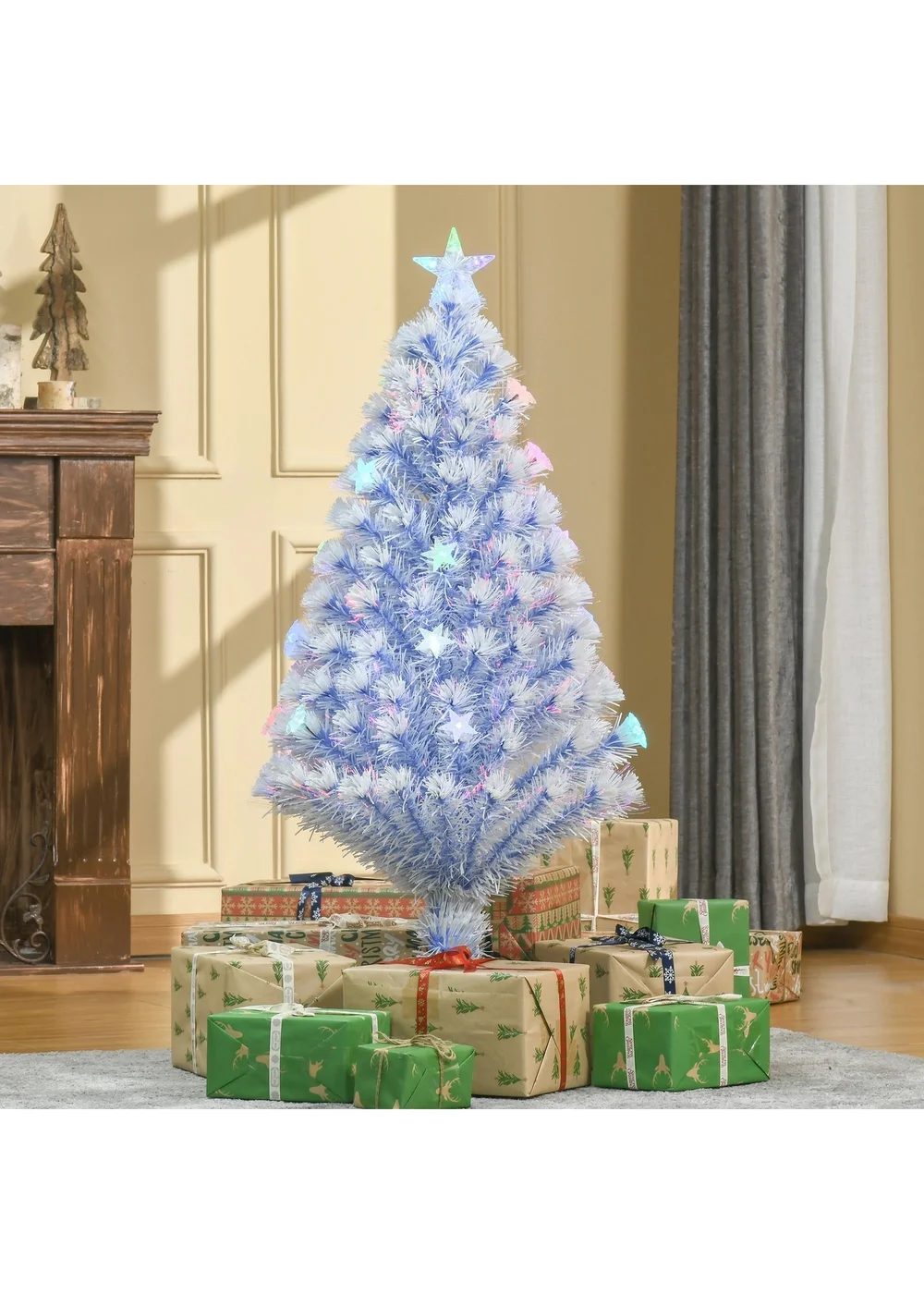 HOMCOM Artificial Fibre Optic Christmas Tree w/ 26 LED Lights Pre-Lit White Blue 4FT - One Size Image 2
