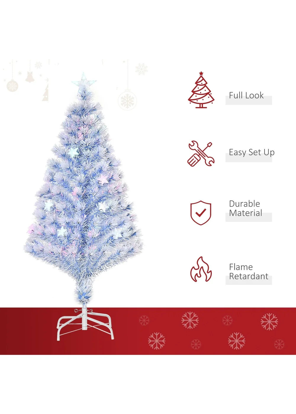 HOMCOM Artificial Fibre Optic Christmas Tree w/ 26 LED Lights Pre-Lit White Blue 4FT - One Size Image 4