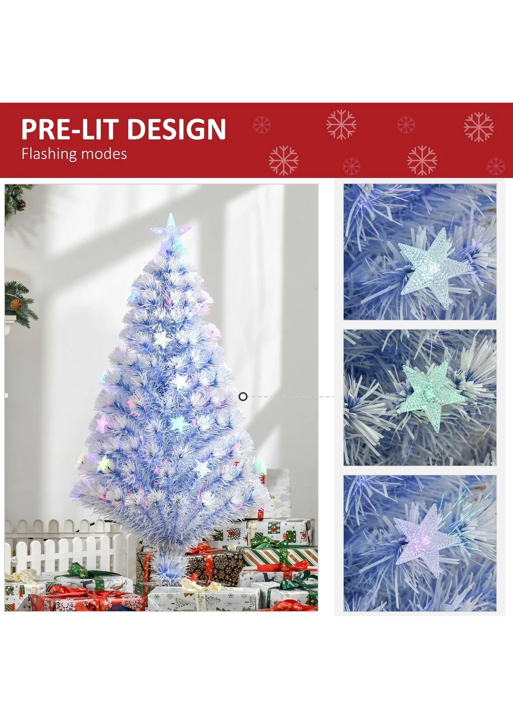 HOMCOM Artificial Fibre Optic Christmas Tree w/ 26 LED Lights Pre-Lit White Blue 4FT - One Size Image 5