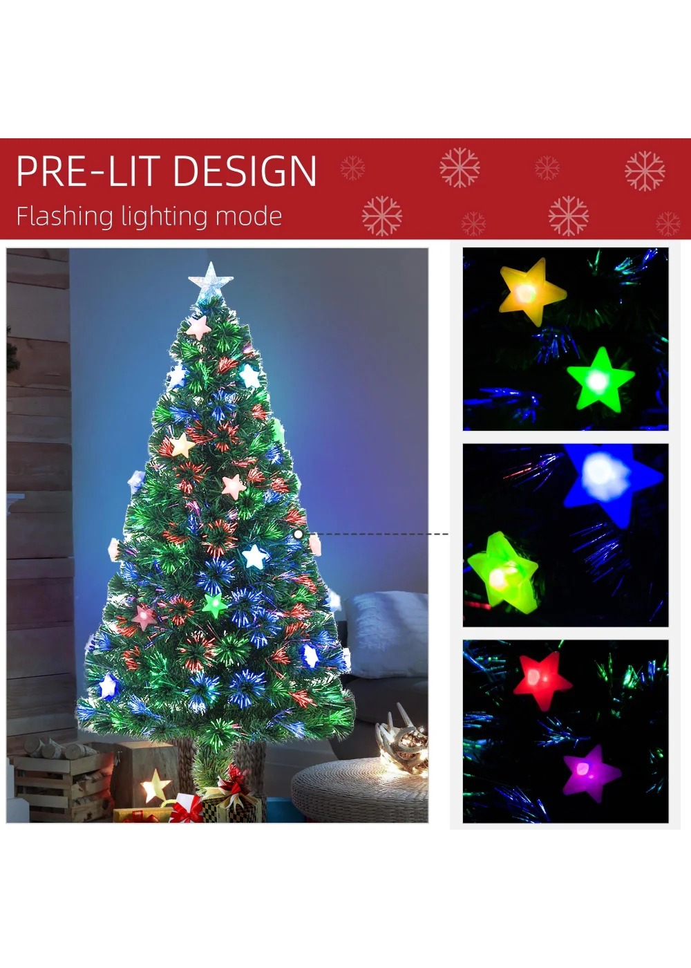 HOMCOM Green Fibre Optic Artificial Christmas Tree W/ Stars - 120cm Image 5