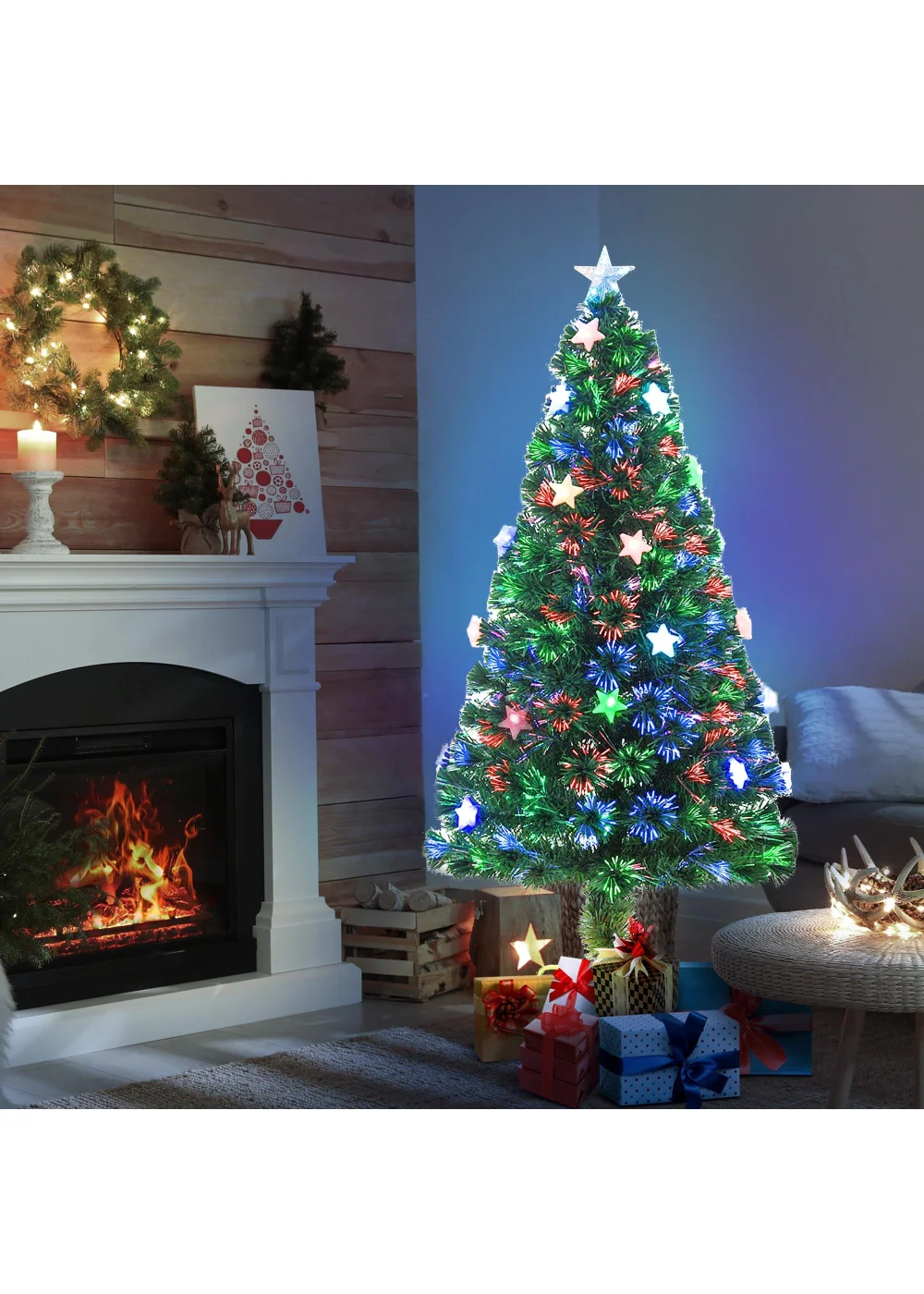 HOMCOM Green Fibre Optic Artificial Christmas Tree W/ Stars - 120cm Image 2