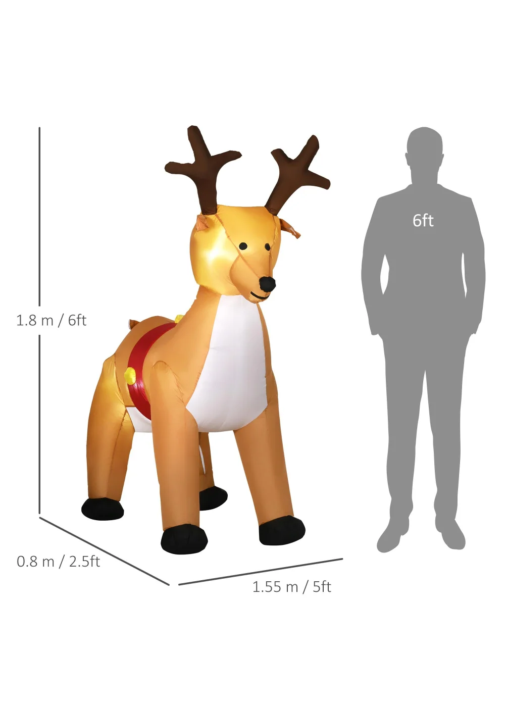HOMCOM 6ft Christmas Inflatable Reindeer - 6ft Image 3