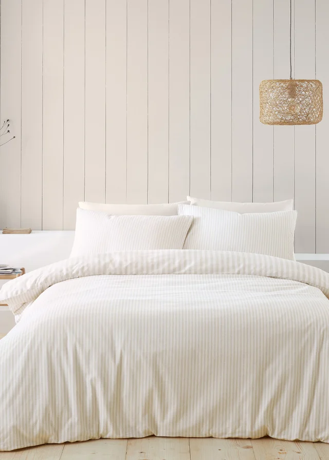 Catherine Lansfield Brushed Stripe Cotton Reversible Duvet Cover Set Natural